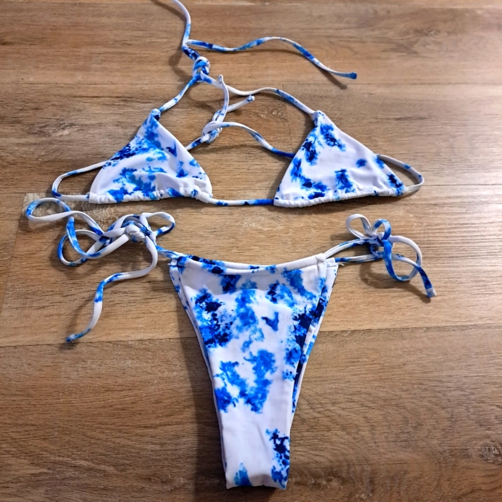 SHEIN Blue White Tie-Dye Bikini Set Women's Size Small